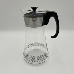 Pyrex Glass Pitcher Coffee Pot Black Handle Floral Pattern Vintage Kitchenware